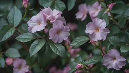 Delicate pink periwinkle flowers amidst lush green leaves creating a serene backdrop with ample empty space for text or design elements.