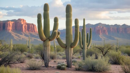Desert landscape featuring iconic Saguaro cacti with rugged mountains and a vivid sky in the background during golden hour.