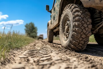 Muddy Off Road Vehicle Tire on Dirt Path Under Sunny Sky