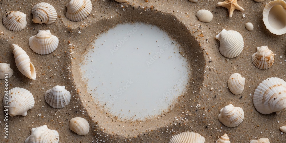 Poster seashells and sand composition with blank space for text overlay or message in coastal setting