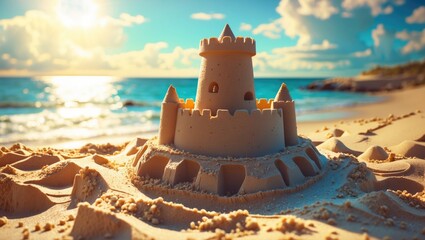 Sunlit Sand Castle on Beach with Ocean and Sky in Background Ideal for Summer Vacation and Holiday Themes