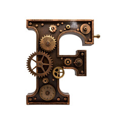Fototapeta premium A 3D letter F constructed from intricate brass gears, cogs. The design features 
