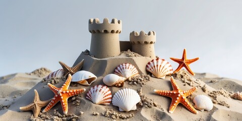Sand castle adorned with seashells and starfish on a white background symbolizing summer fun and creativity with space for text.