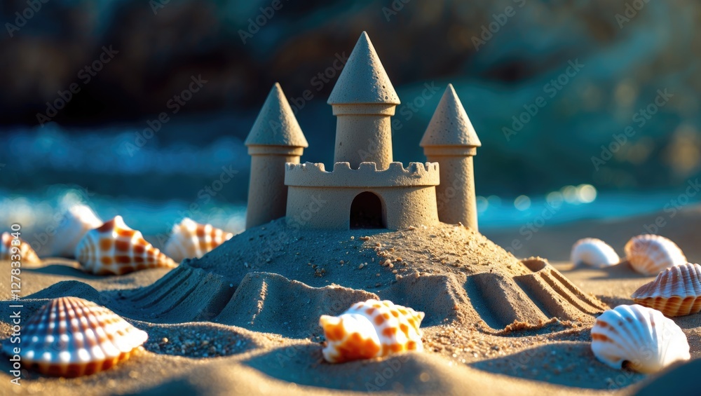 Poster sandcastle surrounded by seashells on beach with empty space for custom text or messaging