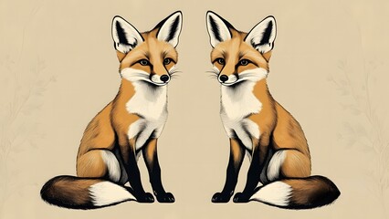 Fototapeta premium Realistic illustration of two stylized foxes with orange and brown fur against a soft beige background