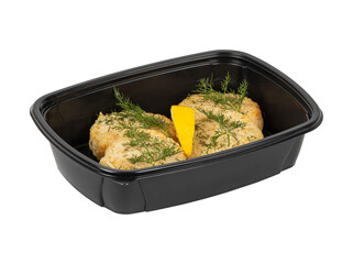 A black plastic container filled with food and topped with a tomato