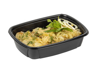 A black plastic food container on a white background