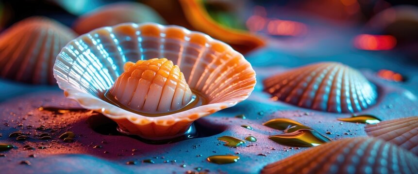 Colorful scallop shell with textured surface and vibrant background showcasing marine beauty and delicacy. Ideal for culinary and ocean-themed projects.