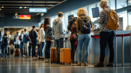 Airport terminal with check desk. People with suitcases standing in queue to registration for departure. Vector flat illustration of passengers with luggage and tickets in line to checkin counter