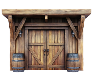 rustic wooden saloon entrance with swinging doors and barrels, evoking classic western atmosphere. detailed craftsmanship highlights charm of old western architecture
