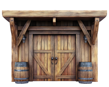 rustic wooden saloon entrance with swinging doors and barrels, evoking classic western atmosphere. detailed craftsmanship highlights charm of old western architecture