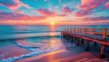 Obraz premium Sunrise over tranquil sea beach with wooden pier and vibrant sky colors, perfect for serene landscapes and inspirational text space.