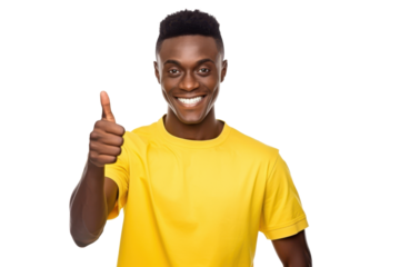 black man in yellow shirt showing thumbs up gesture isolated on white or transparent png