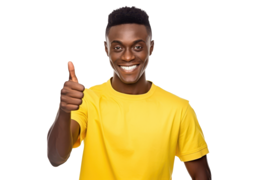 black man in yellow shirt showing thumbs up gesture isolated on white or transparent png