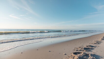 Tranquil Sea Waves Gently Lapping Against a Pristine Sandy Beach Under Bright Blue Skies and Soft White Clouds