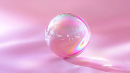 Obraz premium 3d pink realistic soap ball transparent vector. Rainbow glass sphere with abstract light reflection. Pastel iridescent bubble isolated design. Laundry wash dreamy orb element in blue and green