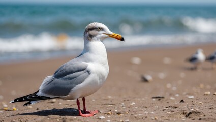 Fototapeta premium Seagull Standing Gracefully on the Beach with Ocean Waves in the Background on a Sunny Day