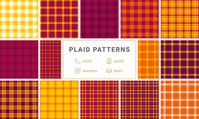 Fashionable plaid fabric designs with stripes and check patterns, perfect for repeating textile prints or trendy shirt materials.
