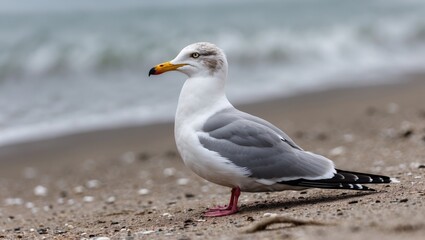 Fototapeta premium Seagull Resting Along the Shoreline with Gentle Waves in the Background on a Tranquil Beach Scene