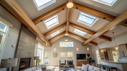 Bright and airy living space with vaulted ceiling, showcasing natural wood beams and large skylights.