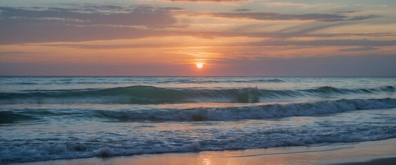 Obraz premium Serene Seascape at Sunset with Gentle Waves and Soft Sky Colors Ideal for Backgrounds and Text Overlay