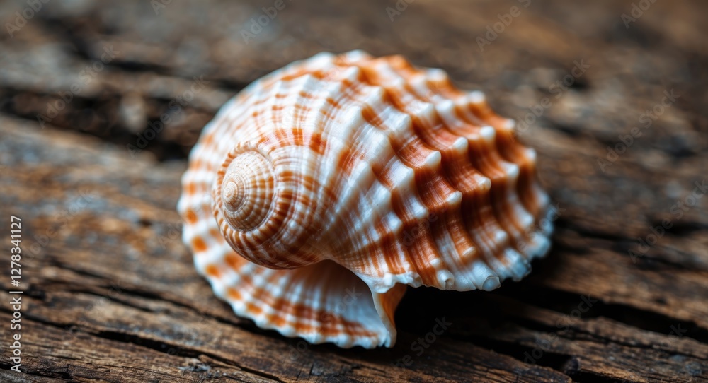 Poster seashell resting on a rustic wooden surface showcasing intricate patterns and textures with a soft f