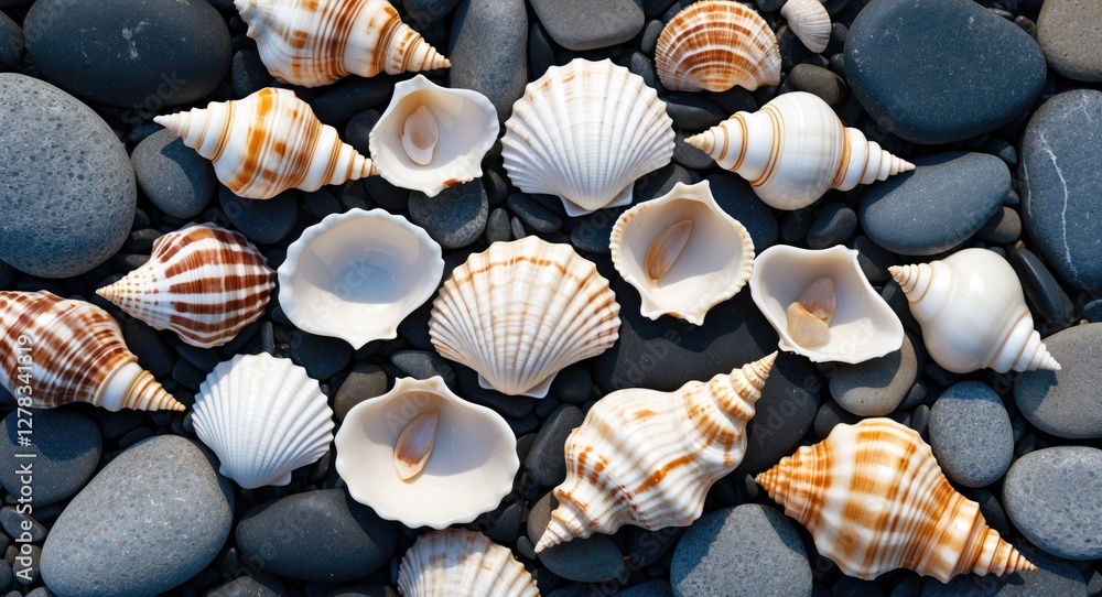 Poster seashells scattered on smooth pebbles creating a serene coastal backdrop with ample empty space for 