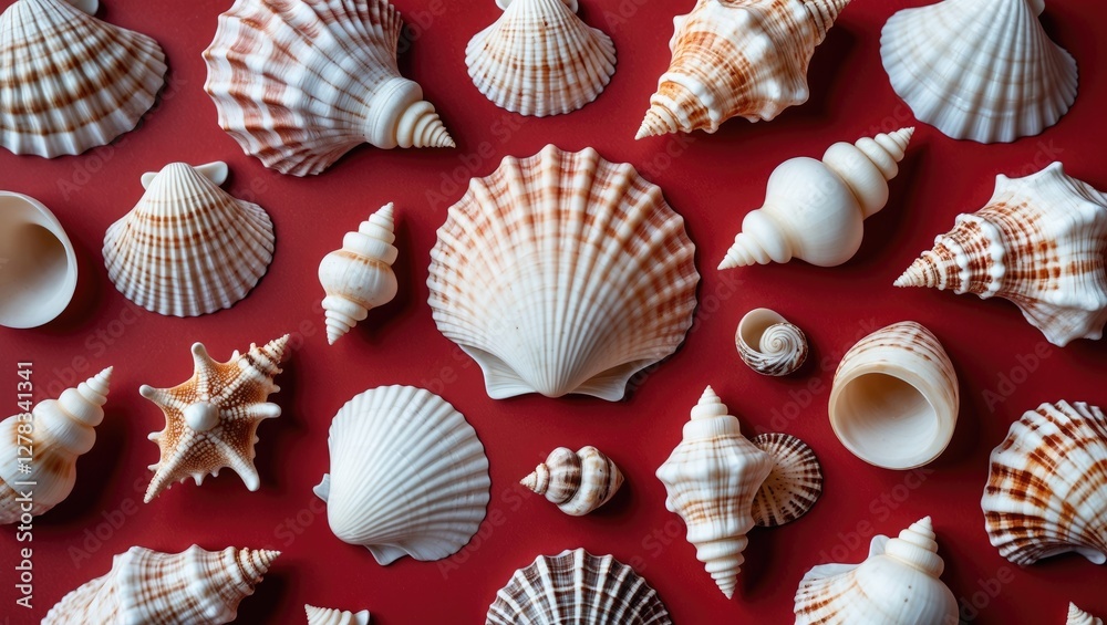 Poster seashell collection displayed on vibrant red background showcasing various patterns and textures