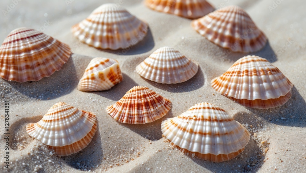 Poster seashells of various sizes arranged on fine sand with ample negative space for text and design eleme