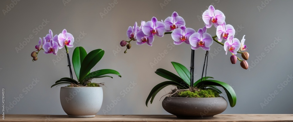 Poster elegant orchids displayed in two stylish pots with soft natural lighting and empty copy space for te