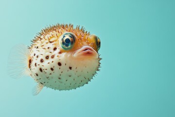 Pufferfish swims against a simple blue background