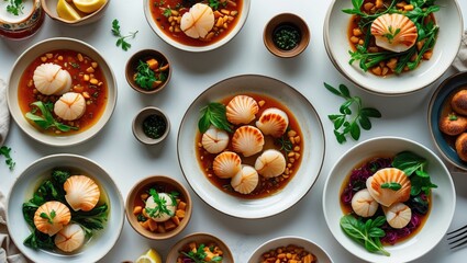 Assorted Dishes with Scallops and Garnishes on White Table Setting Perfect for Culinary Promotions and Food Blogging Use