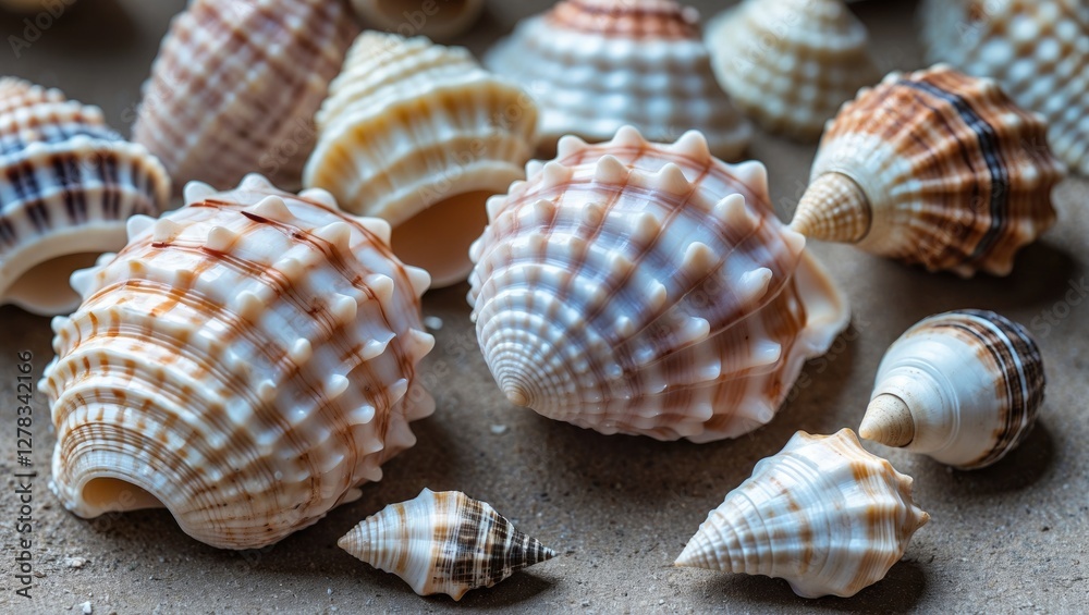 Poster colorful collection of seashells displaying unique patterns and textures on a sandy background ideal