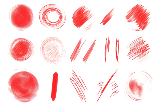 Collection of red and white textured brush strokes and circles on transparent background.  Perfect for design elements, PNG - Powered by Adobe