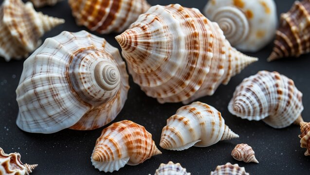 Variety of Colorful Seashells including Cone Shells and Gastropods on Dark Background Showcasing Unique Patterns and Textures for Marine Decor
