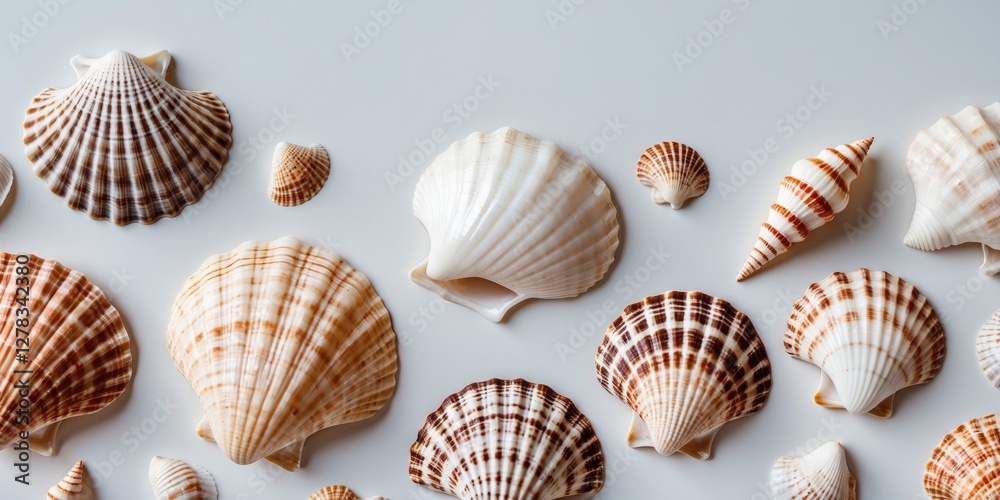 Poster collection of various seashells arranged on a white background creating space for text or design ele