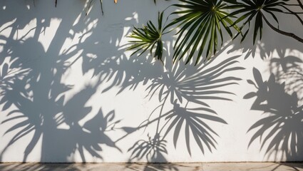 Obraz premium Shadows of palm leaves cast on a white wall creating a serene and textured background suitable for various design applications.