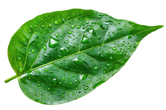 big green leaf with waterdrops isolated on white or transparent png