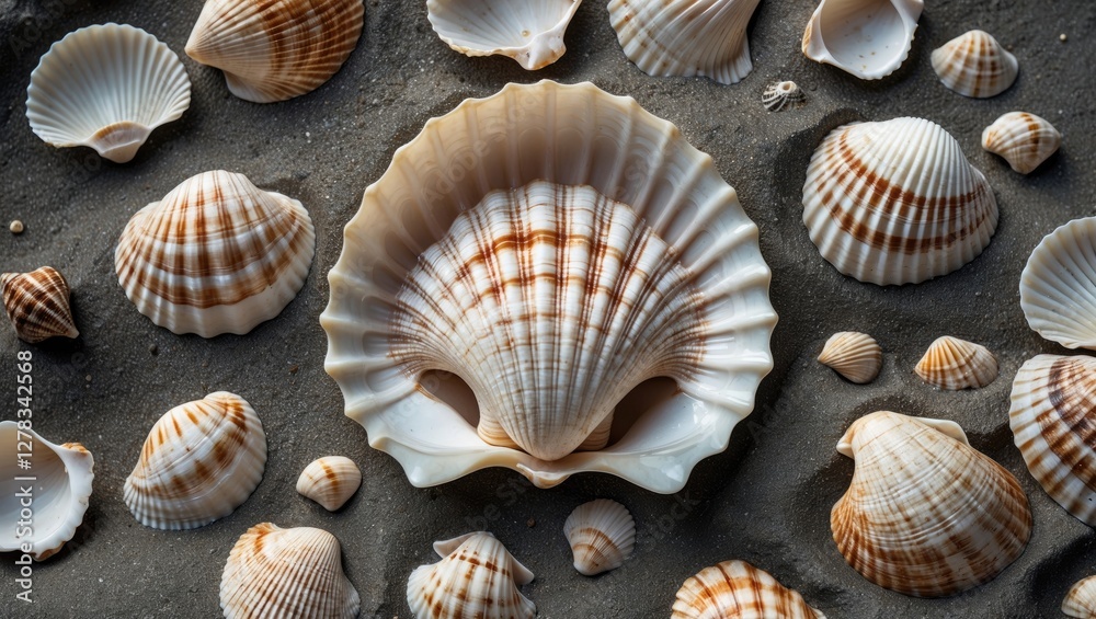 Poster seashells on a sandy shore creating a textured background with space for text and design elements fo