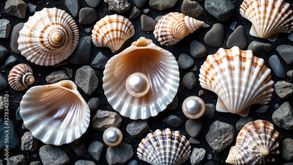 Poster elegant seashells and pearls arranged on a beds of pebbles with space for custom text background ide