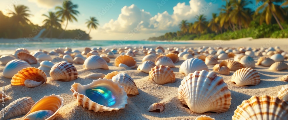 Canvas Prints Tropical Beach Scene with Colorful Shells on Sandy Shore under Blue Sky and Palm Trees