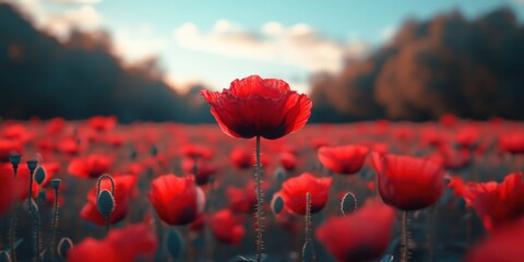 A mesmerizing close-up of a vibrant red poppy field bathed in golden sunlight, casting a radiant glow across the blossoms