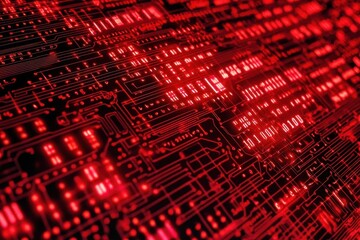 close-up of circuit board bathed in red warning lights, binary code overlay, cyber threat...