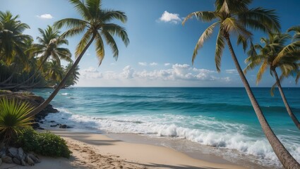 Fototapeta premium Tropical Paradise Beach Surrounded By Lush Palm Trees Against A Beautiful Ocean Landscape Under Clear Blue Skies