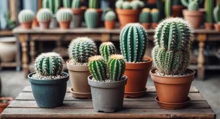Cacti in various pots displayed on a rustic wooden table showcasing a serene plant shop atmosphere for decorative purposes.