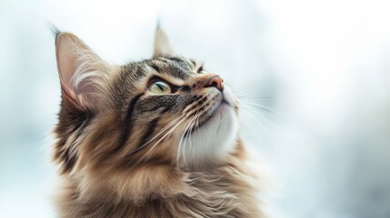 Intense gaze from a vibrant green-eyed tabby amidst soft, blurred strokes of brown and white fur, capturing a moment of serene focus