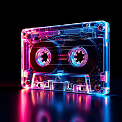 Fototapeta na wymiar Retro Sounds in Neon: A captivating close-up of a cassette tape, illuminated with vibrant neon lights, evoking nostalgia and a retro feel. The translucent design reveals intricate inner workings.