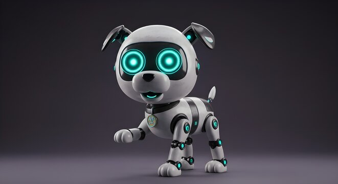 Lindo cachorro robot de dibujos animados con grandes ojos LED: divertido dise&ntilde;o futurista de mascota con inteligencia artificial