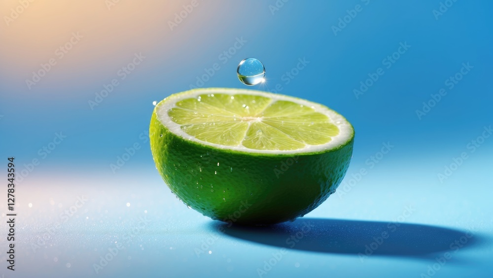 Poster vibrant lime slice with droplets on a soft blue background featuring space for your text or design e