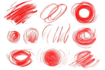 Collection of red and white textured brush strokes on transparent background. Abstract shapes, circles, and lines, PNG